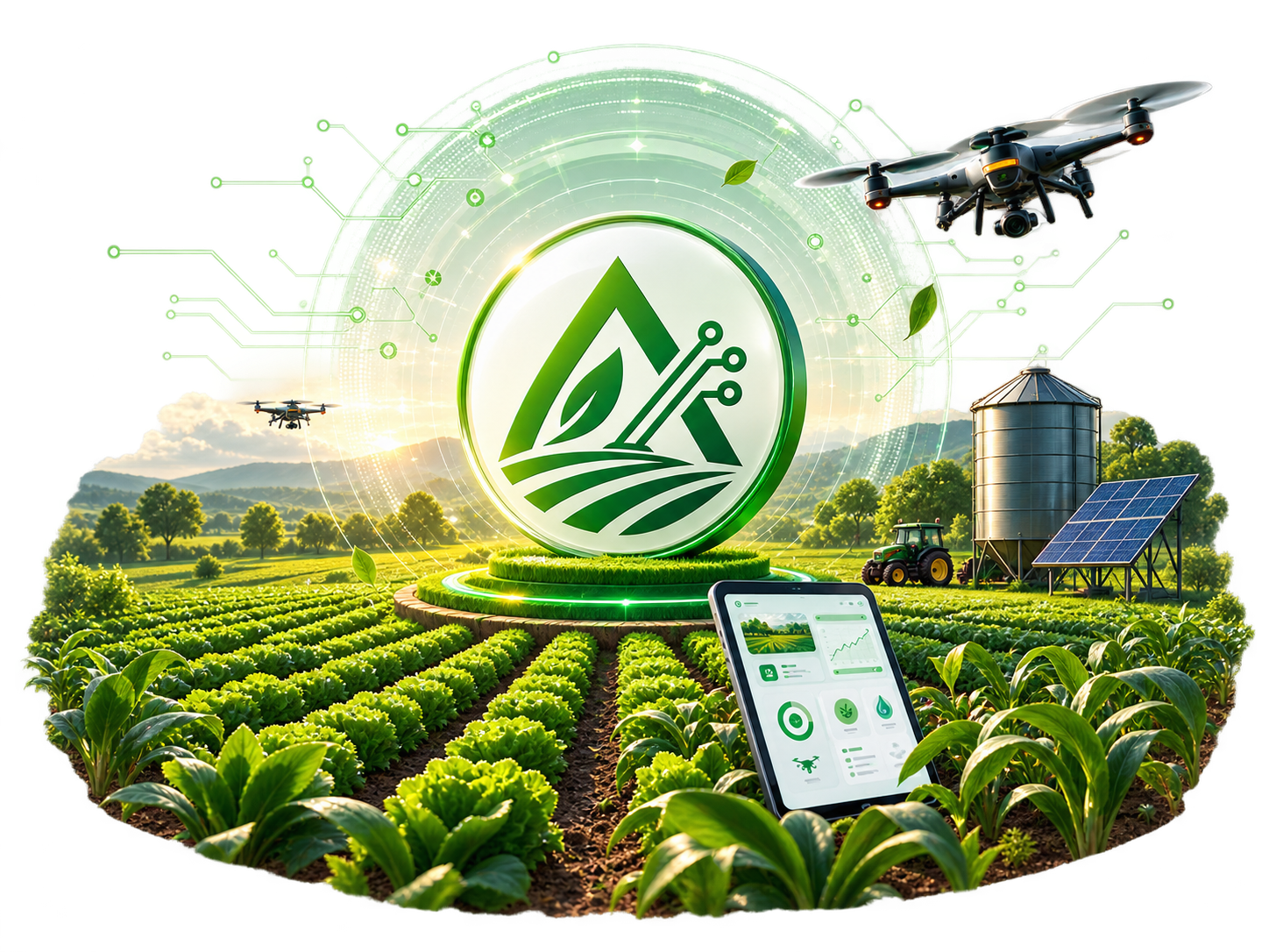 Campo agricola conectado con tecnologia, drones y logo AGTX